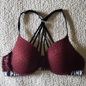 VS PINK Leopard Lace Strappy Racerback Front Close Push-up Bra